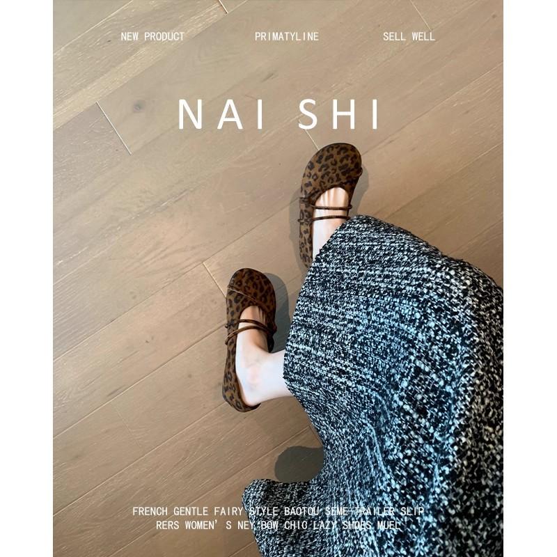 Sheepskin Version! Retro Round Head Leopard Print Beanie Shoes Women's Word with Ballet Grandma Shoes Flat Mary Jane Shoes