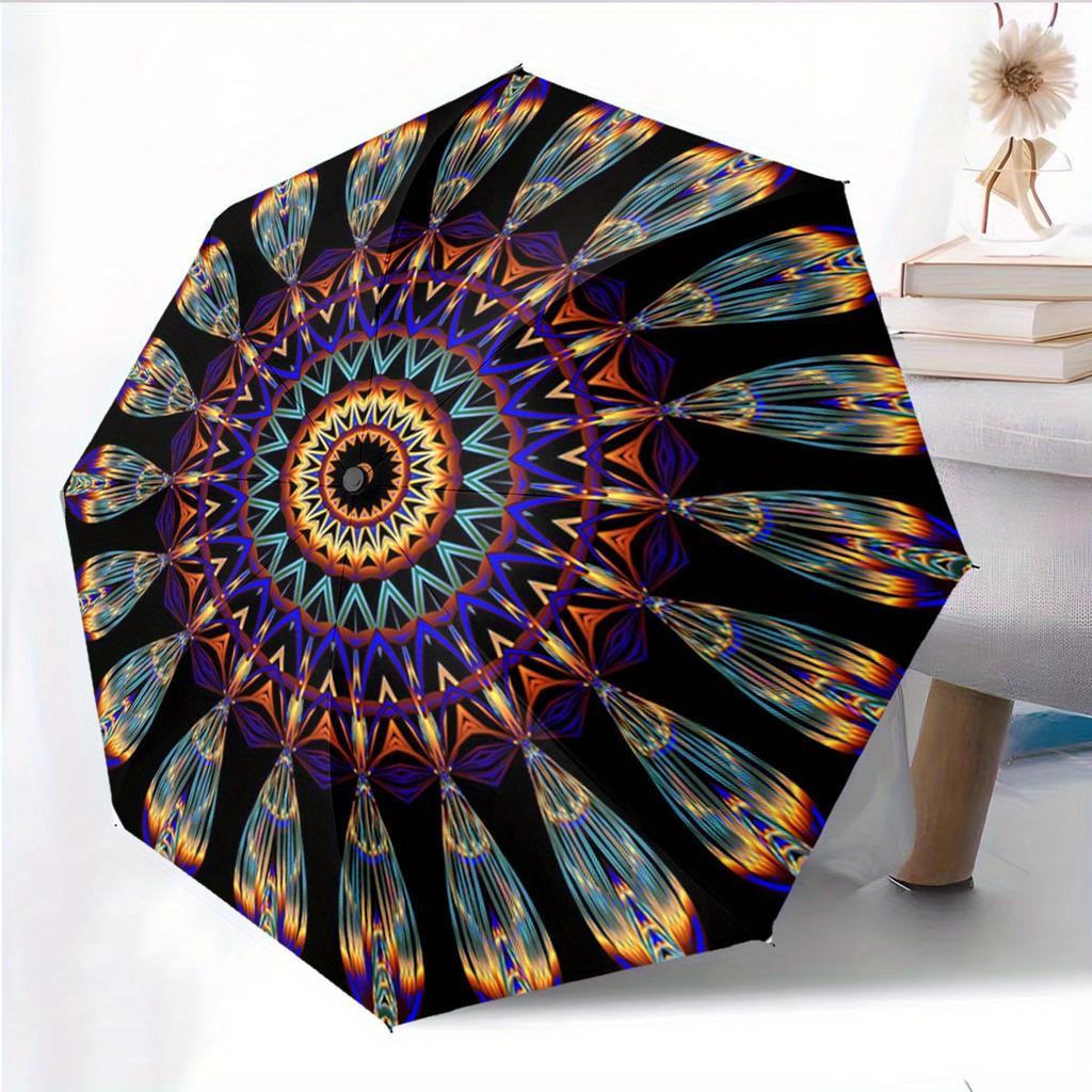 Automatic Open/Close Umbrella with Kaleidoscope Mandala Pattern - Auto Folding Compact Umbrella, Sturdy Ribs for Wind Resistan