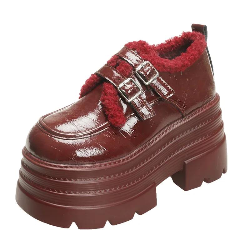 Fashion Women's Leather Platform Sneakers Autumn Winter Warm Plush Buckle Snow Shoes Thick Sole 10CM Heels Cotton Shoes Zapatos Mujer
