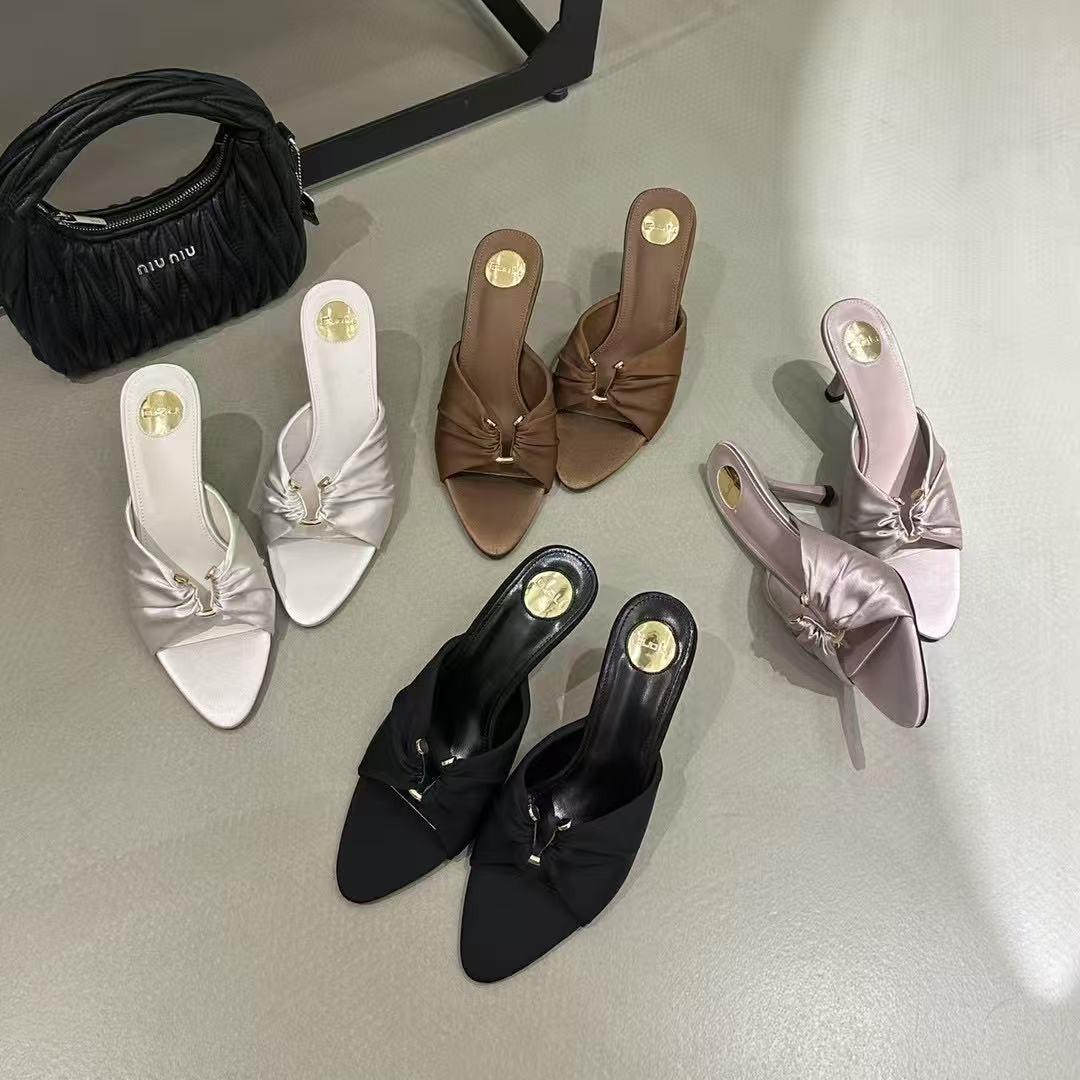 

Summer 2025 New pointed stiletto satin pointed butterfly buckle banquet niche catwalk women s half-drag sandals 39 коричневый