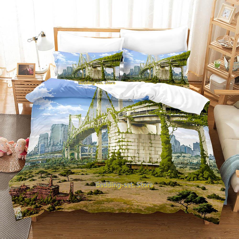 Zestaw pościeli Anime City Pojedynczy Bliźniak Pełny Queen King Size Zestaw do łóżka Sypialnia dla dorosłych Dzieci Zestawy poszewek na kołdrę Druk 3D Prześcieradło Anime