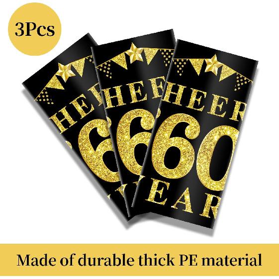 3 Packs Black Gold 60th Birthday Tablecloth Decorations for Men Women, Cheers to 60 Years Table Cover Party Supplies, Sixty Years Old Birthday