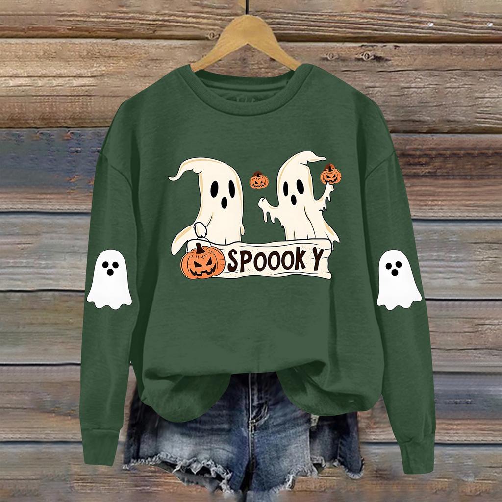 Dame Moteable Casual Langermet Halloween Trykket Rundhals Topp