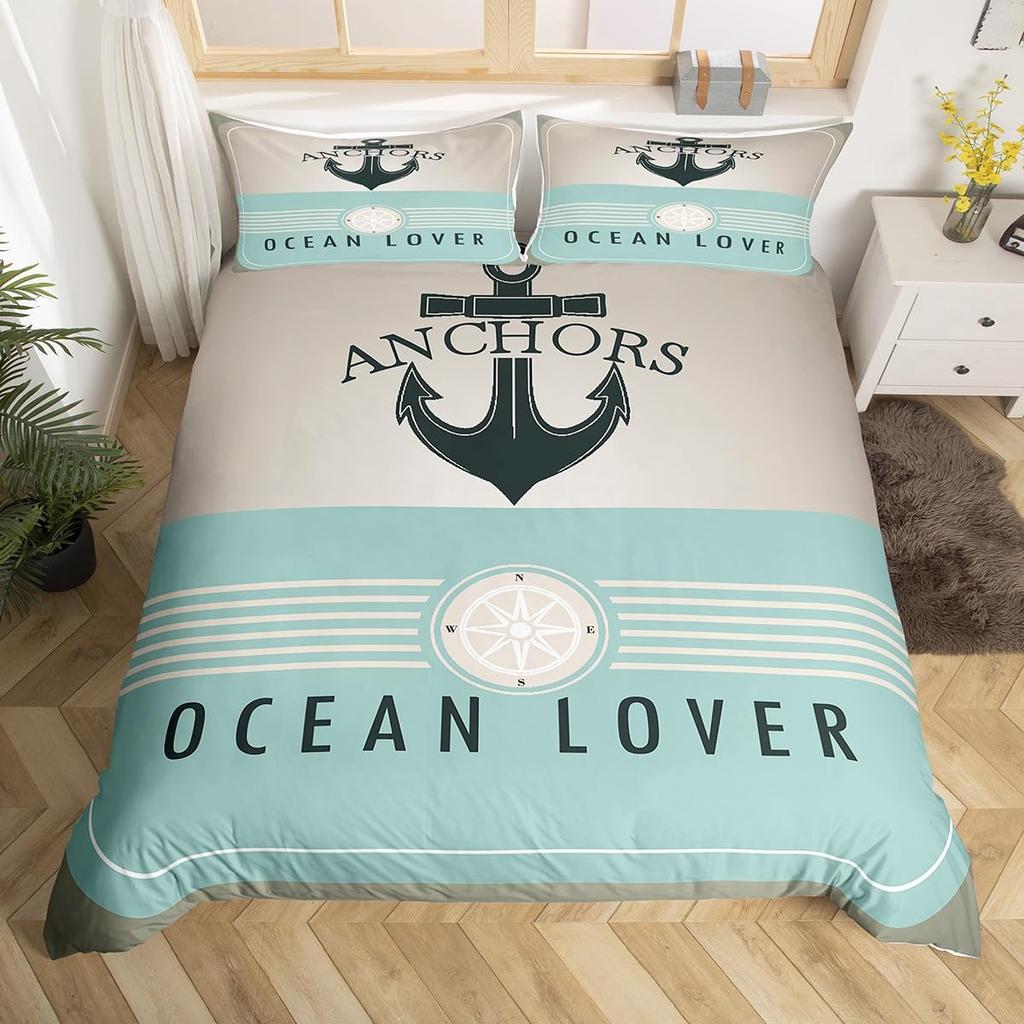 Anchor Compas Soft Duvet Cover Nautical Warm Comforter Cover Ful King Geometric Stripes Beding Set Coastal Adventure Theme Comfortable Quilt Cover