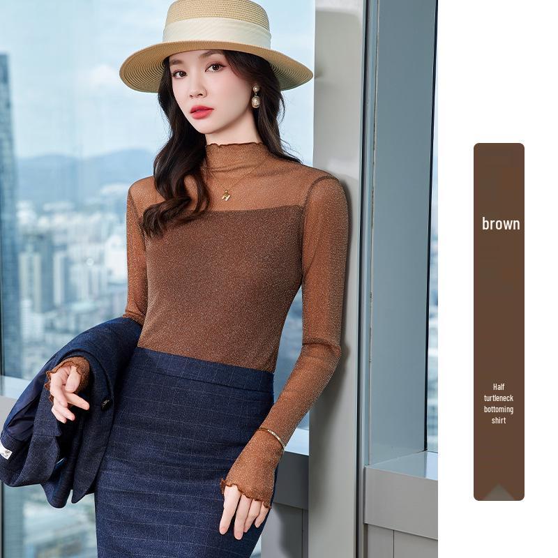 Damen Lurex Mesh Spitzenbluse - Herbst 2025 Langarm Halbochgeschlossenes Oberteil