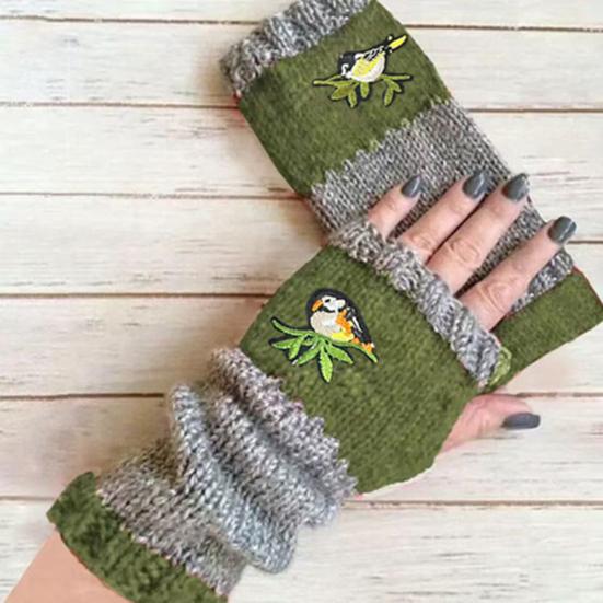 Embroidered Birds Fingerless Gloves Color-Block Knitted Warm Gloves Stretchy Mittens with Thumb