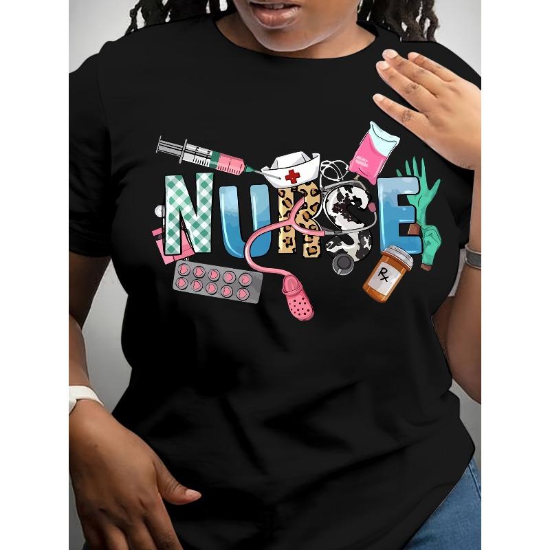 

European size Cartoon Letter NURSE Print T-Shirt, Casual Short Sleeve Top For Spring Summer, Women s Clothing 4XL чорний