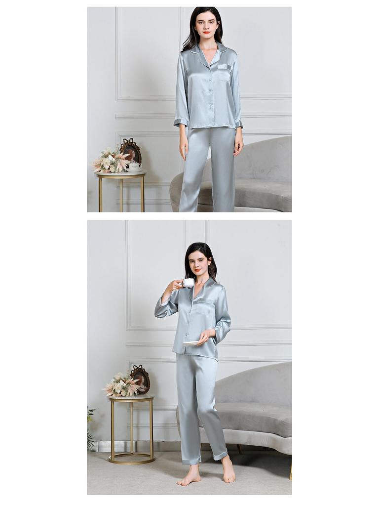 Women's Long Sleeve Silk Pajama Set - 100% Mulberry, Versatile for Spring/Summer, Indoor/Outdoor Wear