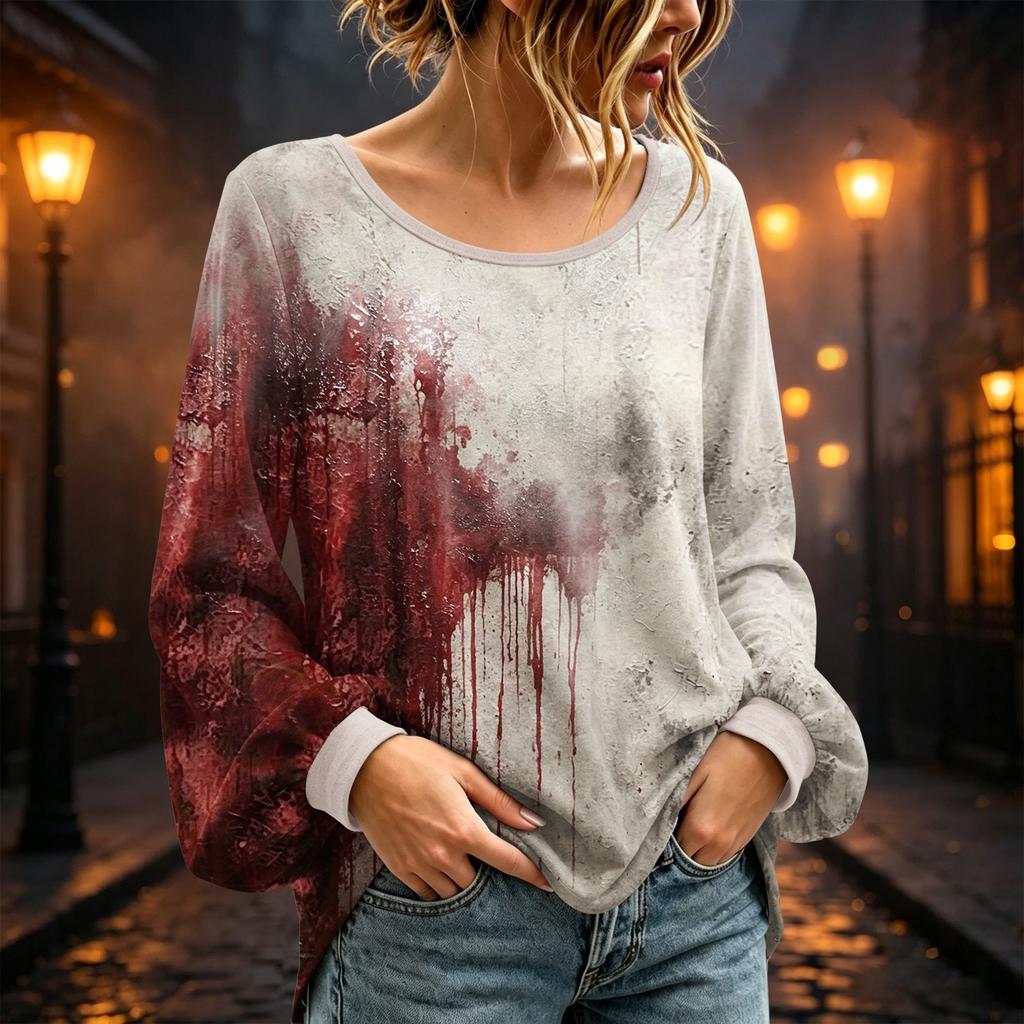 Women's Long Sleeve Round Neck Halloween Printed Tunic Top for Festive Occasions