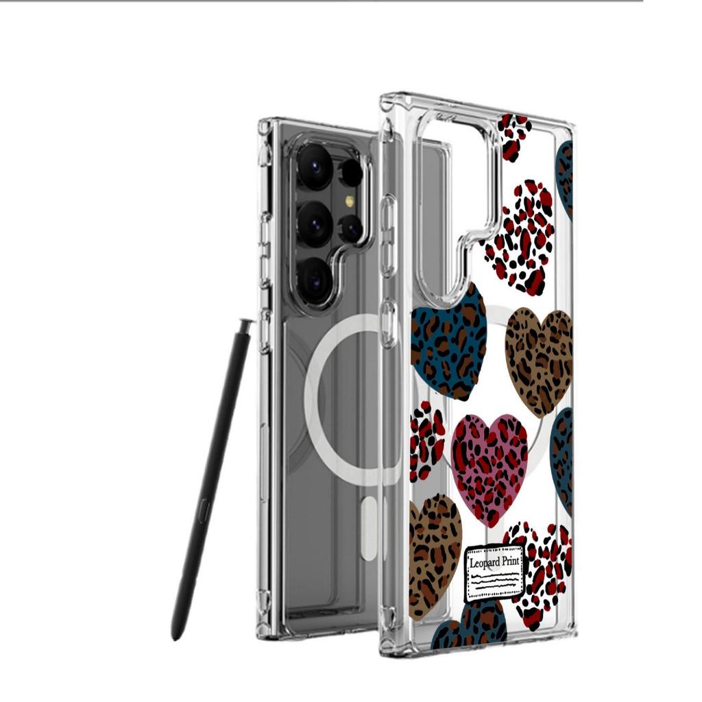 Leopard Heart Magnetic Transparent Case for iPhone 15/16/17 Pro Max