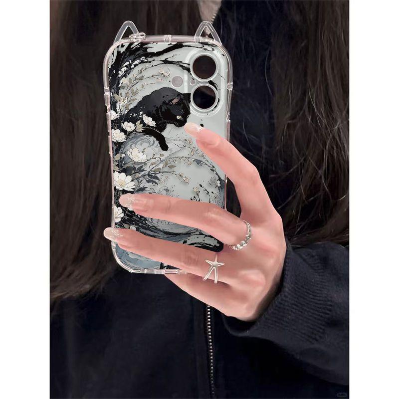 Black Cat Ink Painting Phone Case For iPhone 17 16 15 14 13 12 11 Pro Max XR XS MAX 7 8 PLUS INS Cat Ears Transparent Cover