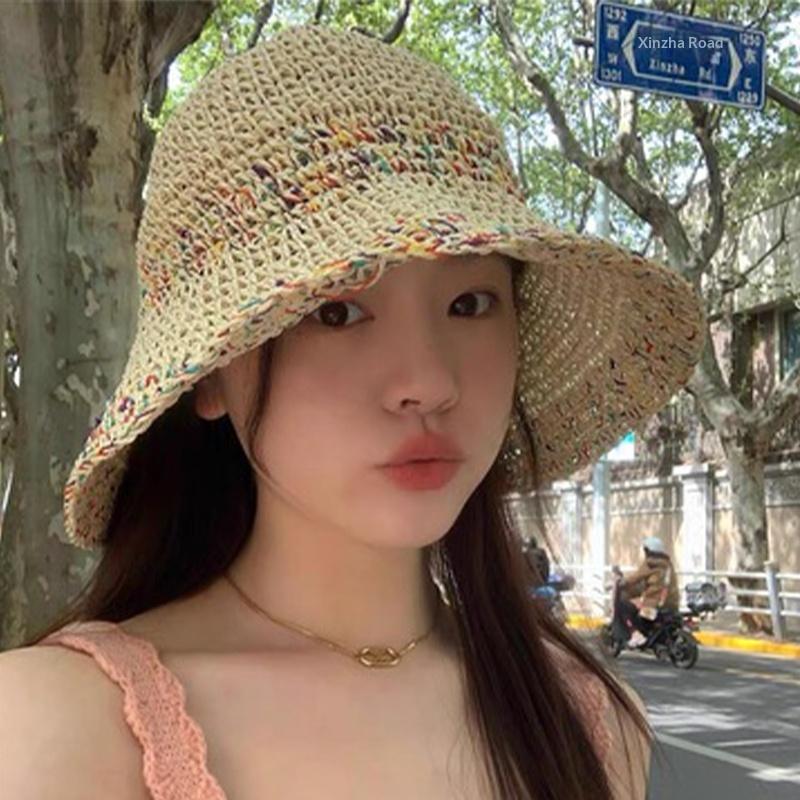 Women Summer Handwoven Rainbow Straw Hat Korean Fashion Wide Brim Breathable Cap for Beach Travel Sun Coverage