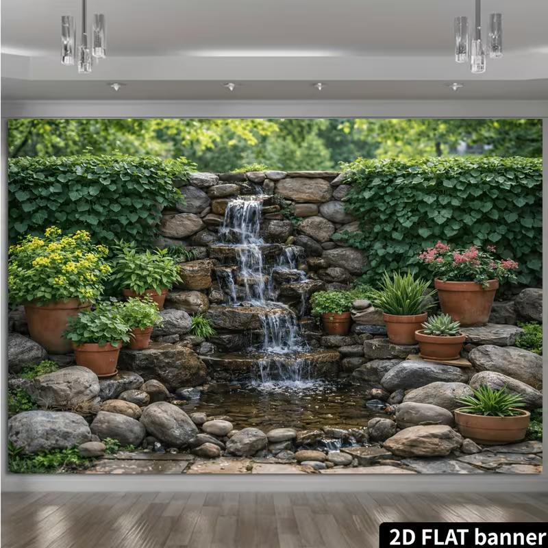 2D Natural Garden Waterfall Backdrop with Potted Plants for Outdoor Decor
