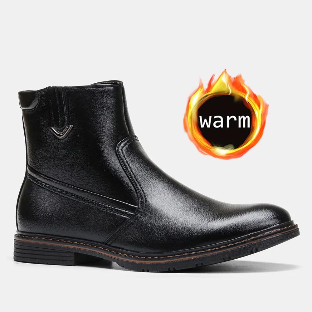 Fashion Winter Cowhide Outdoor Warm Men's Snow Boots Plush Insulation Splash Proof High Top Motorcycle Boots Men Boots