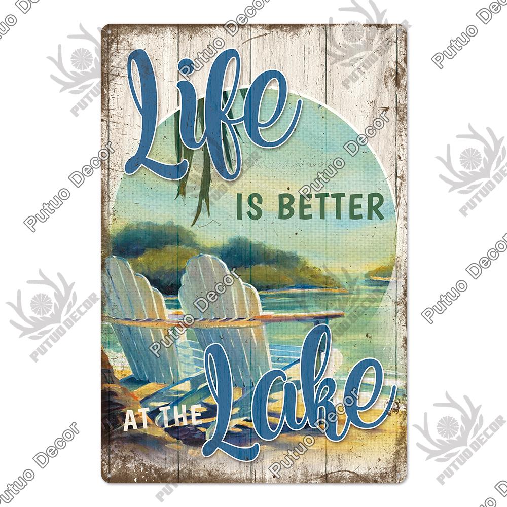 Putuo Decor Lake House Vintage Tin Signs Rustic Plaque Metal Plate Wall Art Decor for Living Room Kitchen and Entryway Posters
