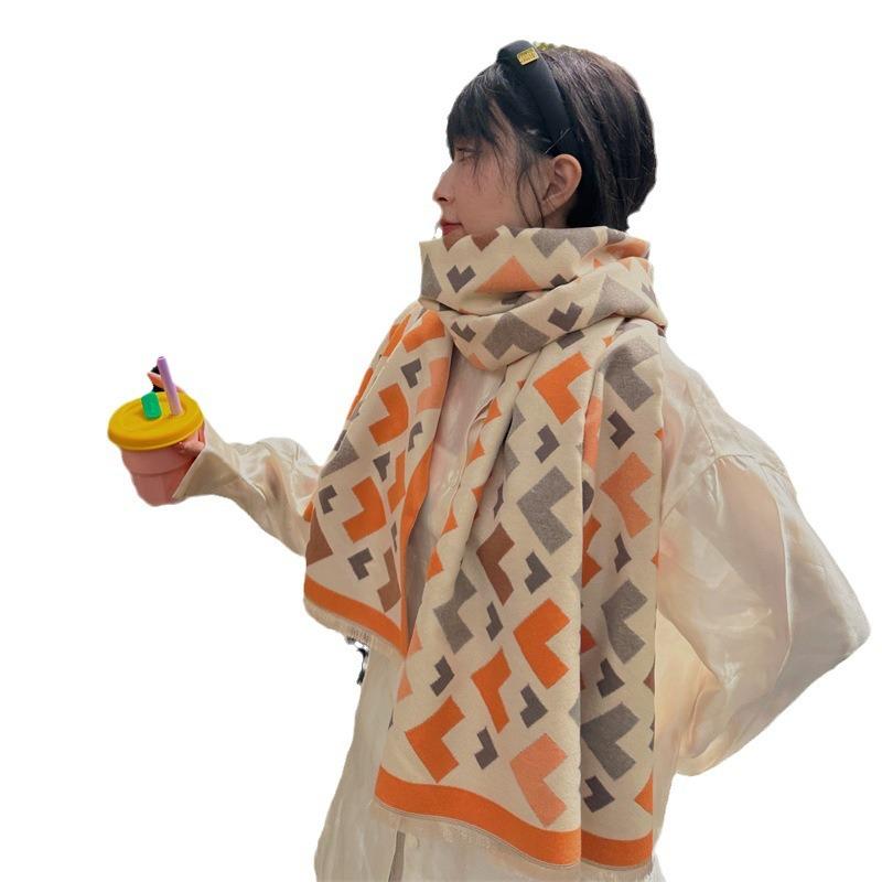 Winter Geometric Imitation Cashmere Scarf Atmosphere Thickened Warm Versatile Windproof Scarf Sweet Student Shawl