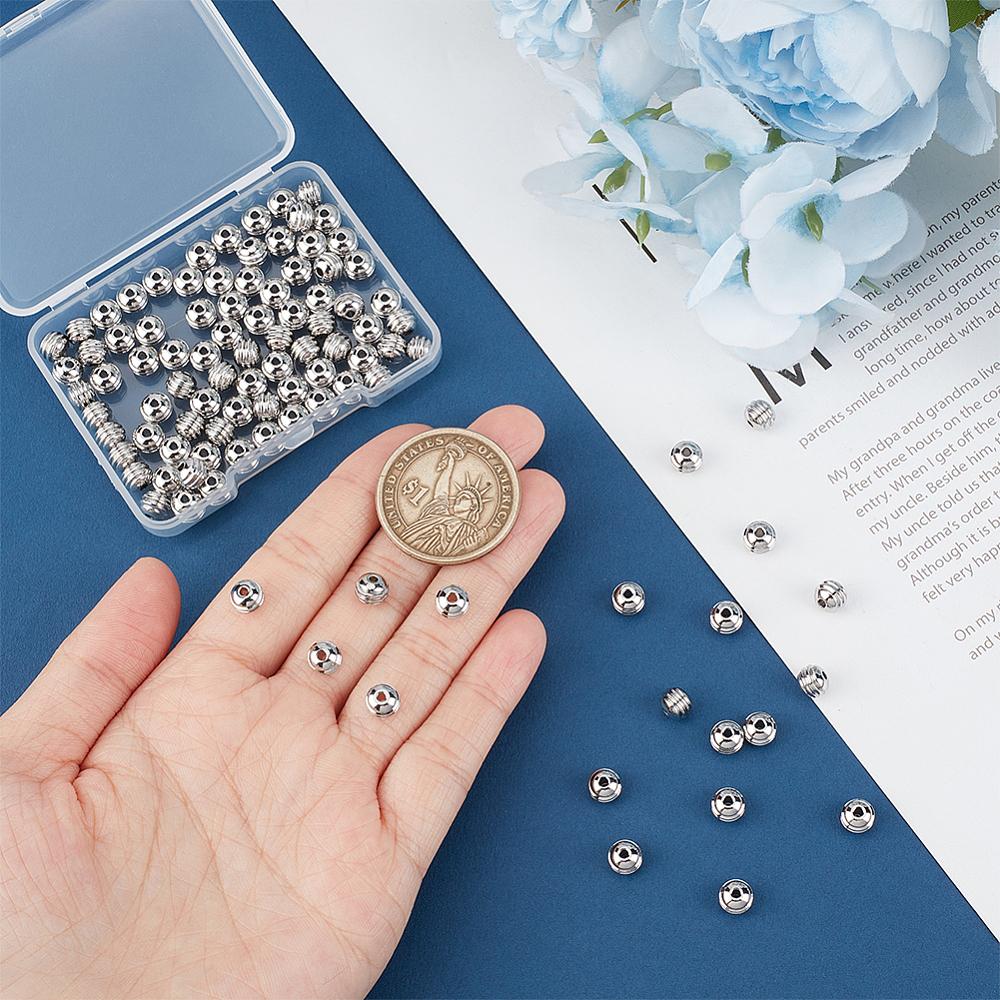 1box 100pcs 201 Stainless Steel Grooved Beads Rondelle Stainless Steel color 6x5mm Hole: 1.6mm
