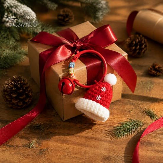 Santa Claus Key Ring Yarn Crochet Christmas Keychain with Bell, Handmade Tree Hat Glove Wreath Small Holiday Keepsake Pendant, Bag Charm Accessory for