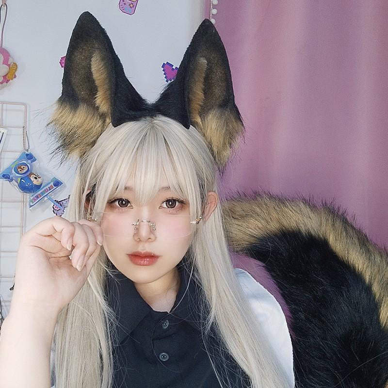 Handmade Cosplay Wolf Ears Headband Tail Set Adults Anime Costume Accessory Black Themed