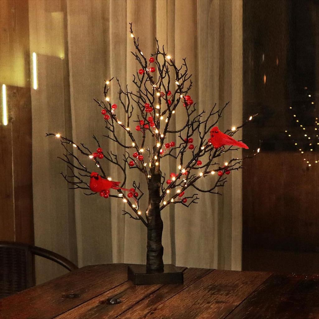 Christmas LED String Lights with Red Berries and Birds - Festive Tabletop Ornaments and Tree Decor