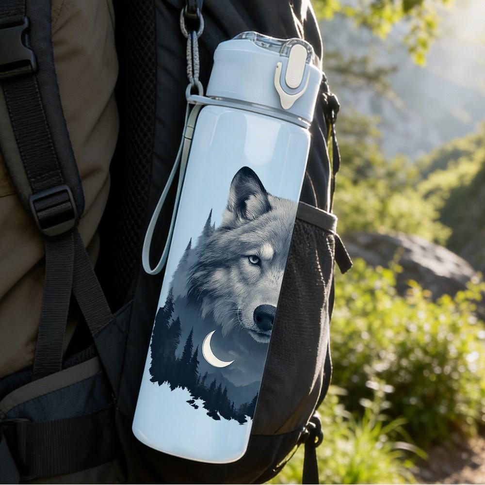 1PC Grey Wolf Head Portrait 750ml Color Plastic Sports Water Bottle Leakproof Flip Straw Lid Suitable for Sports Office Home Use