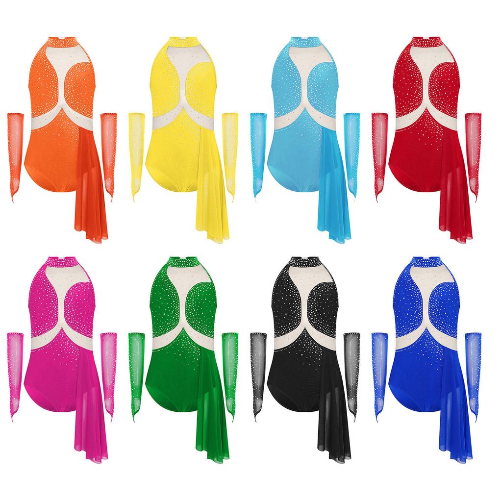 Mädchen Eiskunstlauf Performance Kleid Cutout Rücken Glänzende Strasssteine Transparente Netz-Patchwork Asymmetrischer Rock-Leotard Handschuhe
