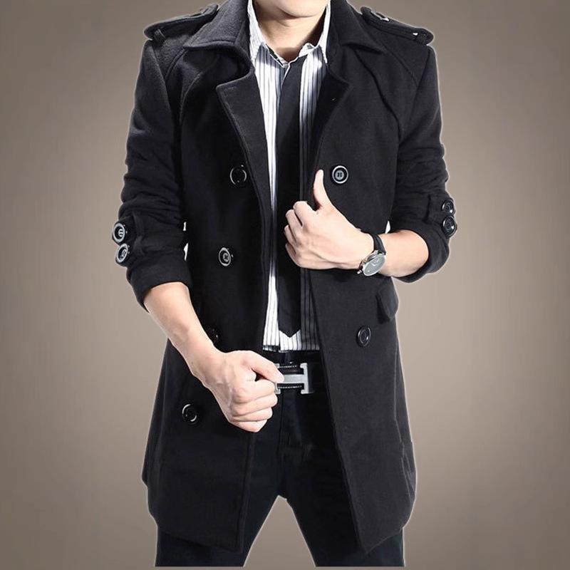 Pánský vlněný větrovkový kabát střední délky s páskem a nárameníkem, model 2023, úzký střih, stylový a všestranný, velikost 3XL