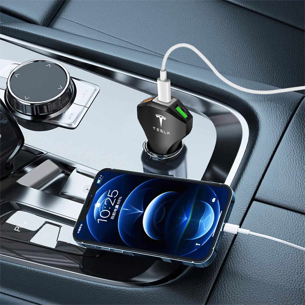 Car Sticker 2025 Hot USB Car Charger Type C Fast Charging Phone Adapter Socket Cigarette Lighter for Tesla Model 3 Model S X Mod