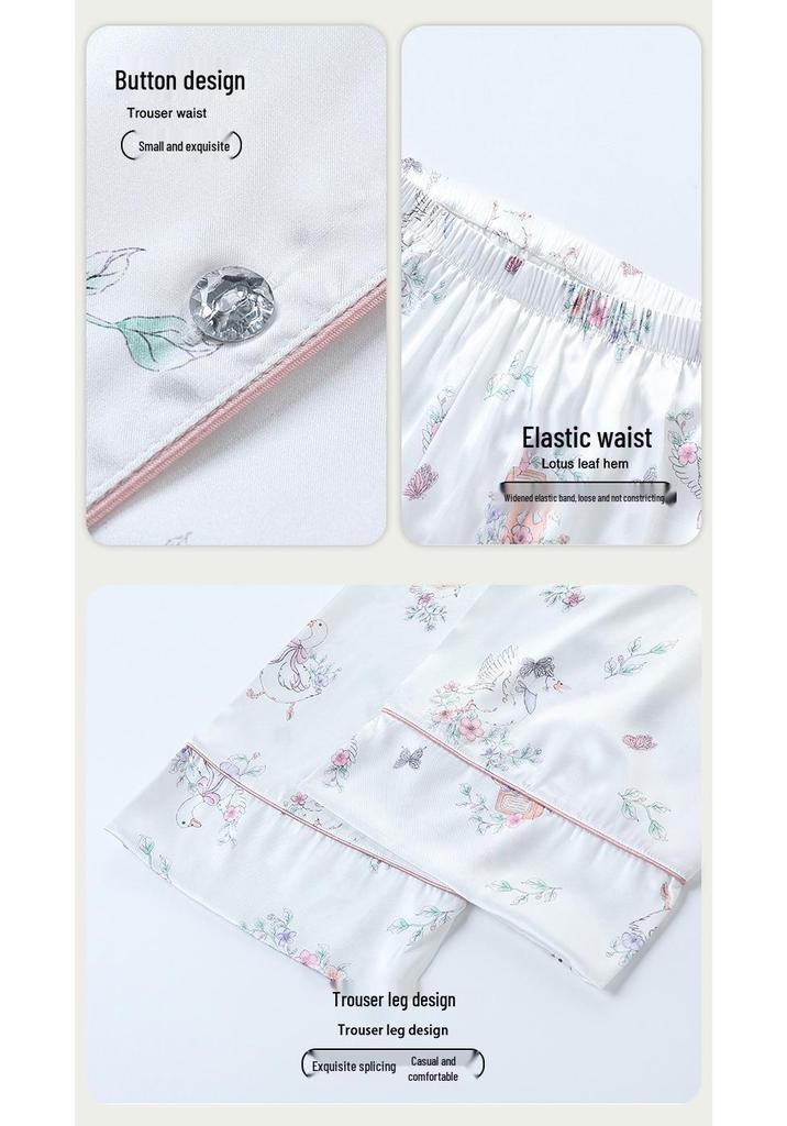 Women's Ice Silk Summer Pajamas - Long Sleeve Cardigan with Cute Cartoon Design