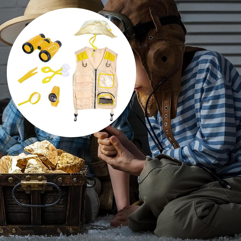 Kinder Entdecker Kostüm Set Ausgefallenes Verkleiden Weste und Hut Rollenspiel Lernspielzeug Requisiten Campingausrüstung