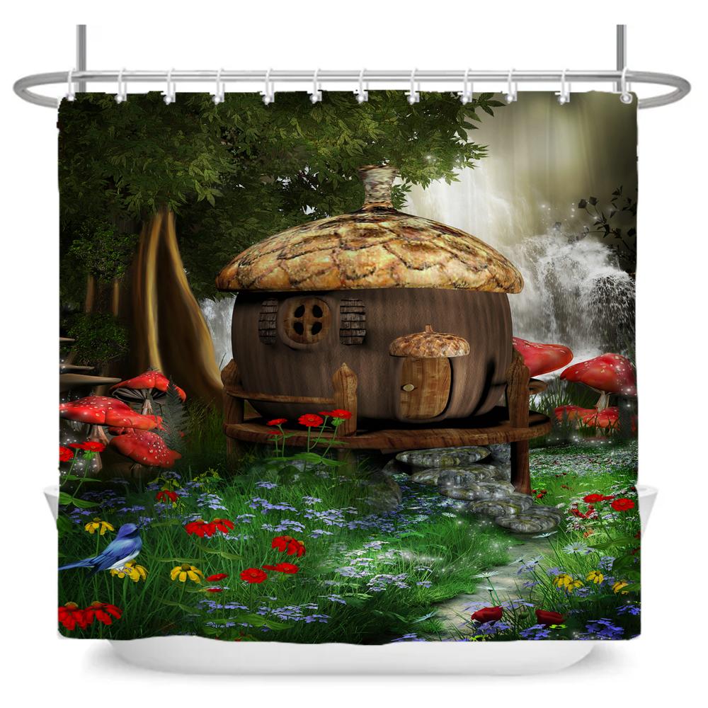 Enchanted Forest Shower Curtain Cartoon Magic Tale Mushroom Wonderland Gothic Shower Curtain Waterproof Bath Decor With Hooks