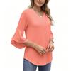 Women's V-Neck Ruffled 3/4 Sleeve T-Shirt Loose Fit Casual Color Top