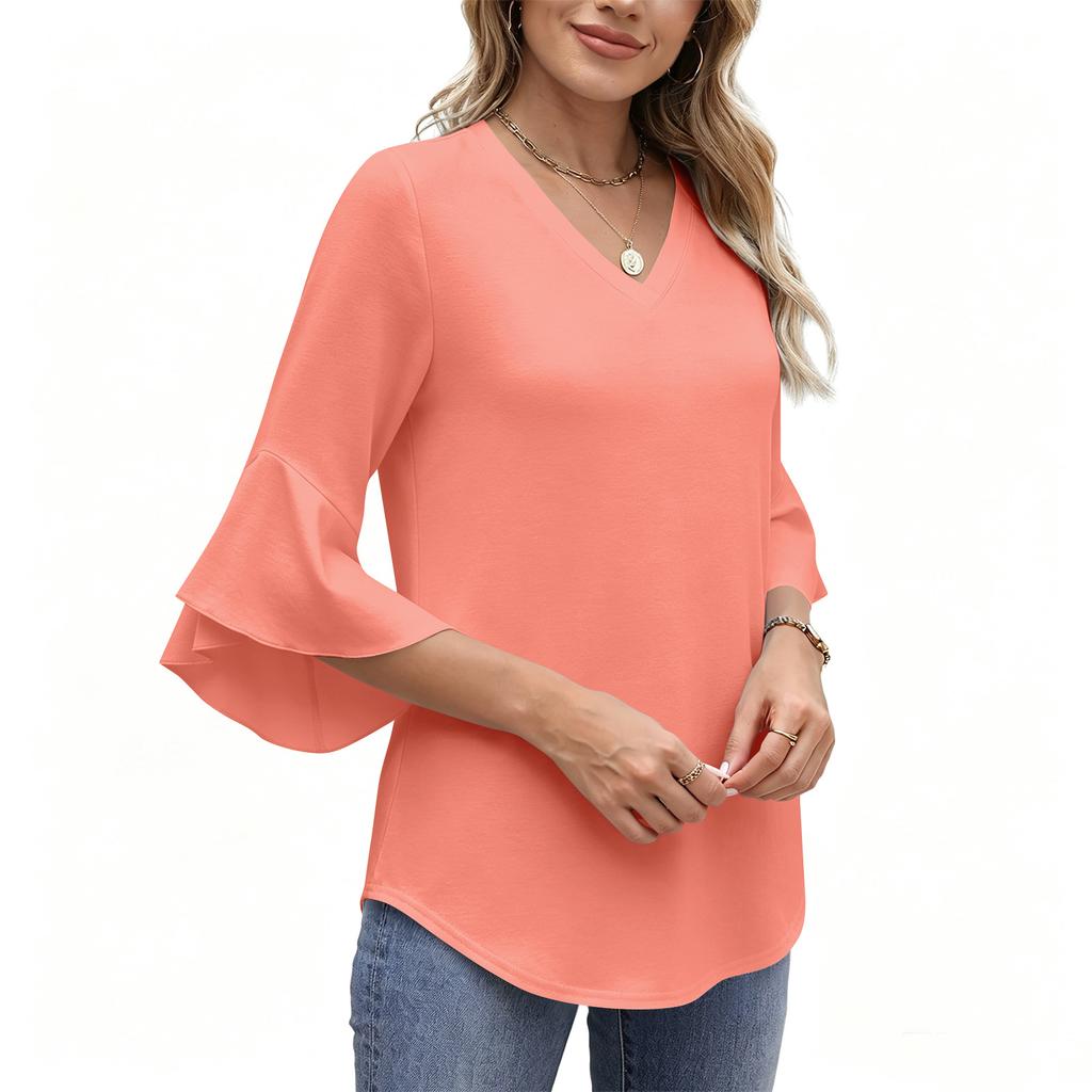 Women's V-Neck Ruffled 3/4 Sleeve T-Shirt Loose Fit Casual Color Top