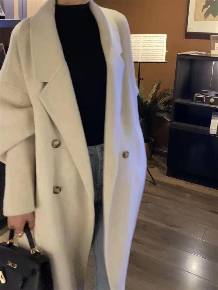 

2025 двустороннее шерстяное пальто женское средней длины осенне-зимнее новое в стиле Хепберн модный кокон шерстяное верхнее S бежевый