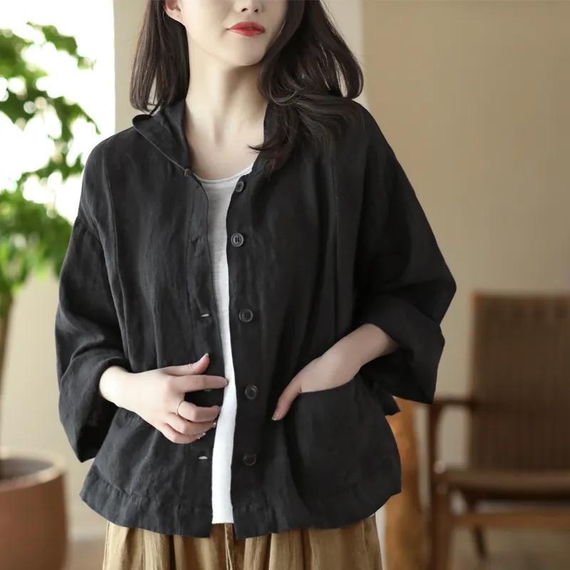 Retro Cotton and Linen Cardigan Women's Loose Spring and Summer Thin Casual Hooded Long-sleeved Sunscreen Short Jacket