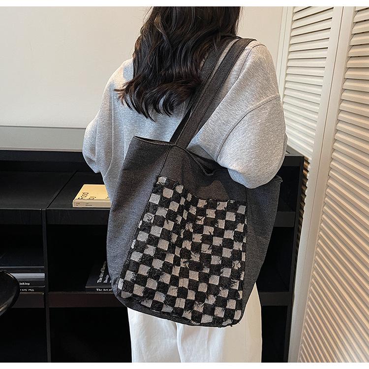 Winter 2025 Plaid Washed Denim Embroidered Handbag - Large Capacity Shoulder Bag