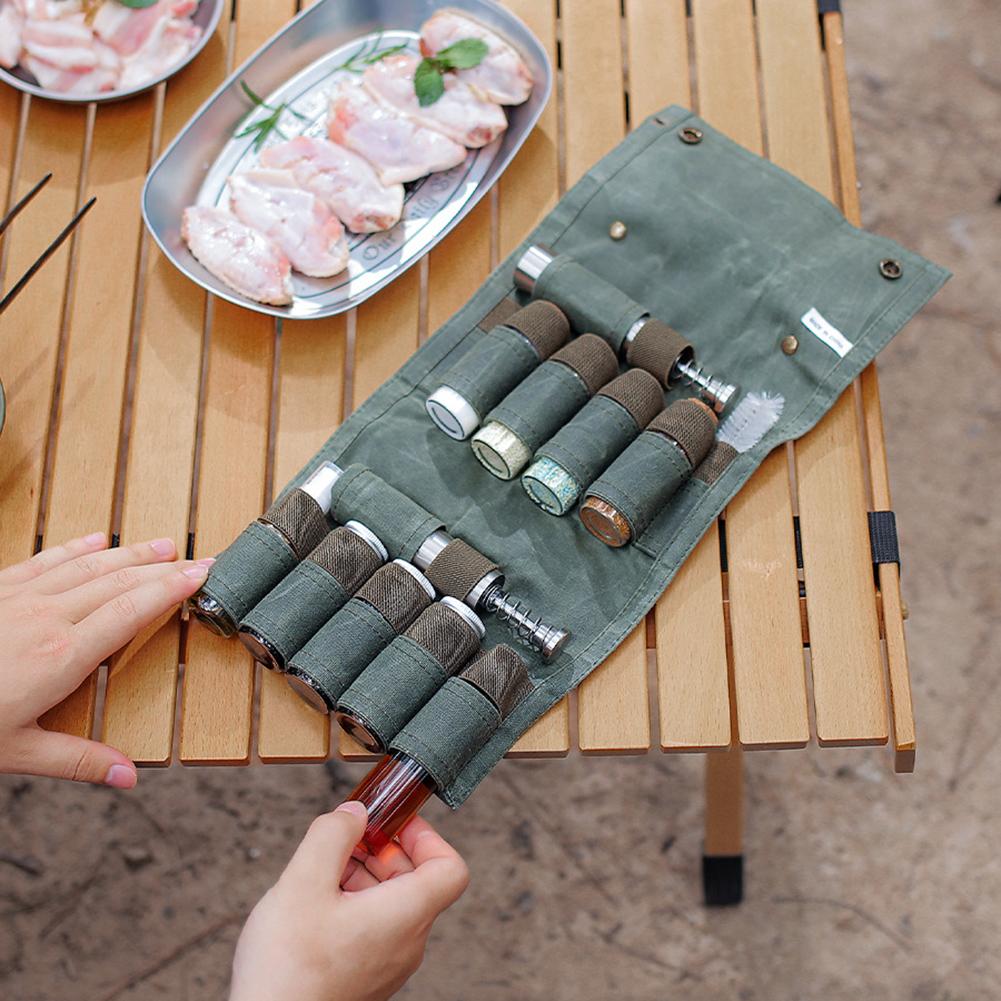 12pcs Waxed Canvass Seasoning Bottle Bag Set Portable Foldable Spice Container For Hiking