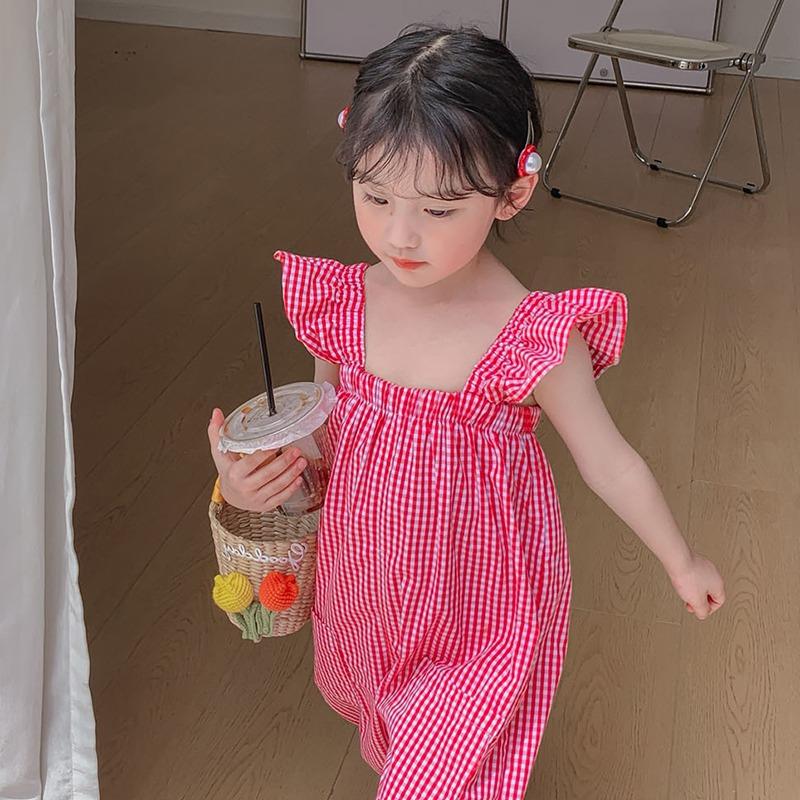 

Детский клетчатый комбинезон для девочек, милый летний детский комбинезон с летающими рукавами, повседневные свободные широкие брюки, боди для малышей