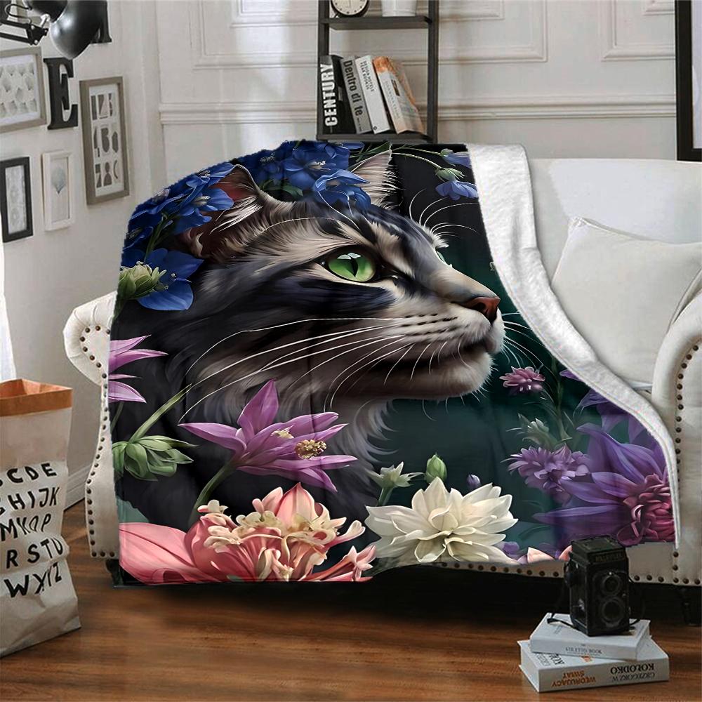 1Pc Cat Amidst Floral Splendor Flannel Blanket, Soft And Comfortable, Casual Warm, Camping Travel, Christmas, Halloween Xmas Gift. G116