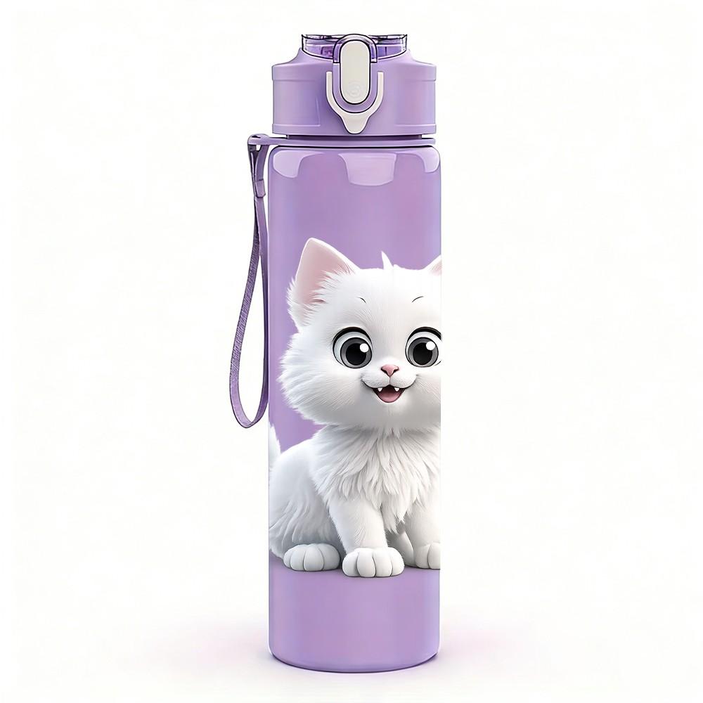 1PC Fluffy White Kitten Cat Cute Print 750ml Color Plastic Sports Water Bottle Leakproof Flip Straw Lid Suitable for Sports Office Home Use