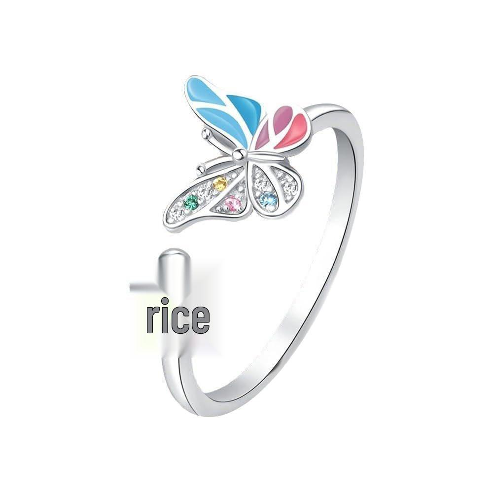 Luxurious Adjustable Enamel Butterfly Ring with Colored Diamonds for Women