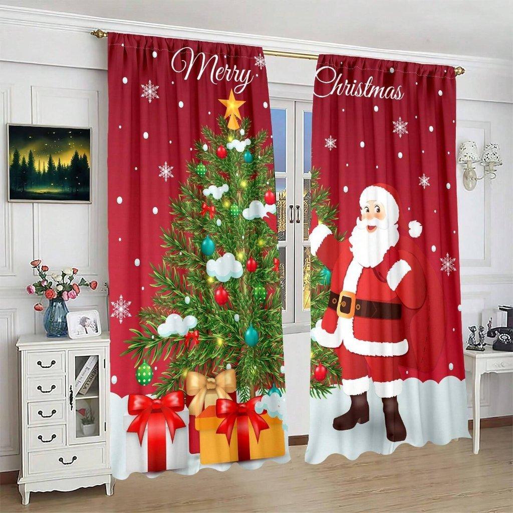 2pcs Modern Blue Christmas Theme Curtains, Christmas Decoration,Polyester Rod Pocket Design, Machine Washable Window Drapes