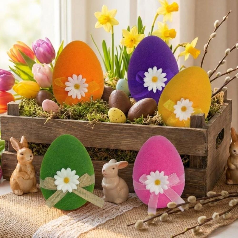 With Flower Bow Large Plush Egg Colorful Easter Egg Ornaments  Spring Party Decor