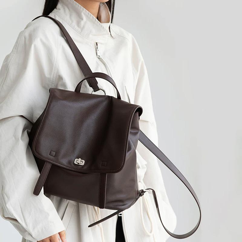 First layer cowhide backpack women's niche retro premium texture leather commuter large capacity laptop backpack