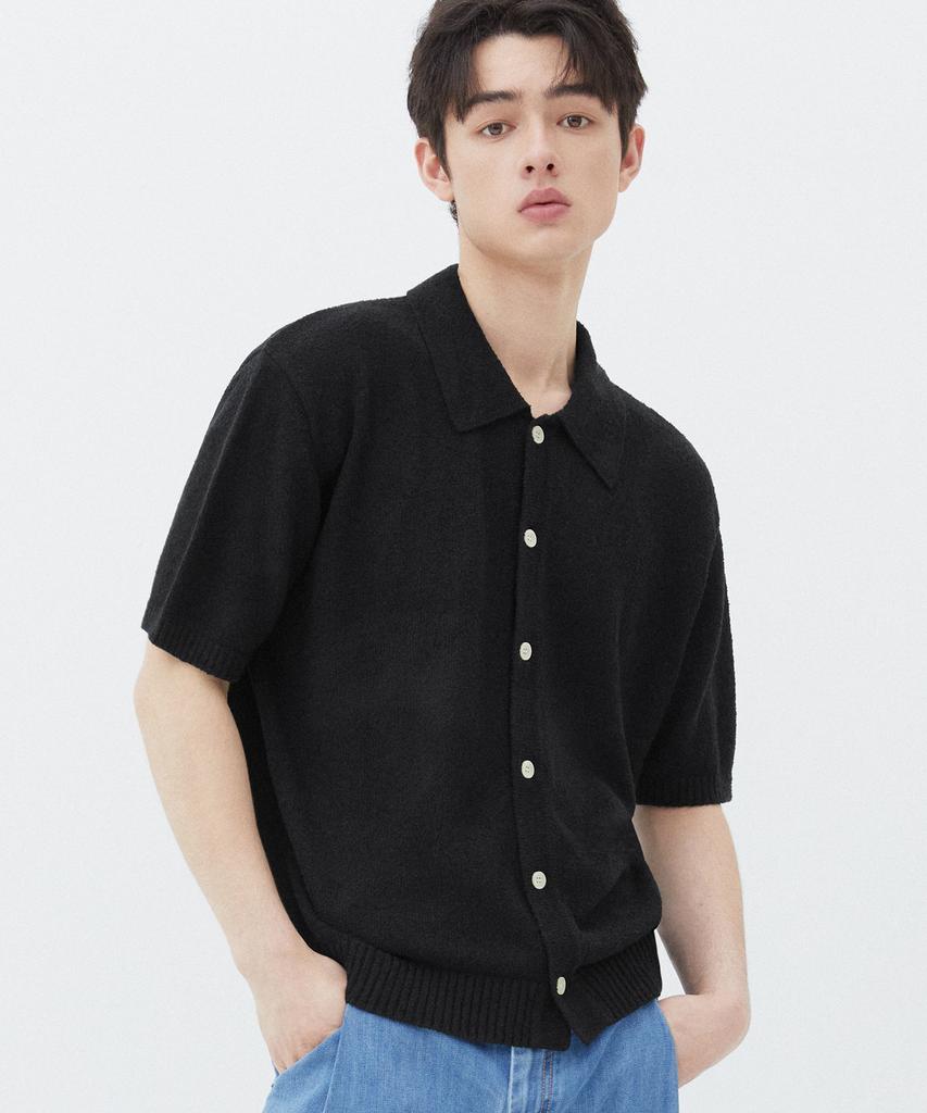 TRILLION Washable Boucle Collar Short Sleeve Knit (Pure Black)