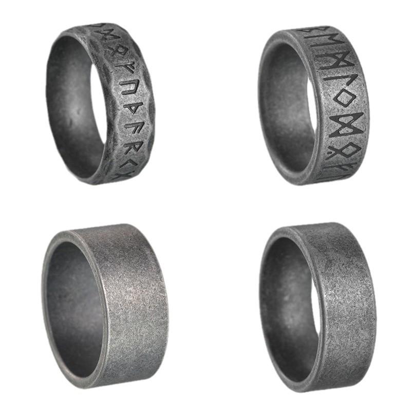 Antique Silver Men's Viking Rune Ring - Titanium Steel Signet Jewelry