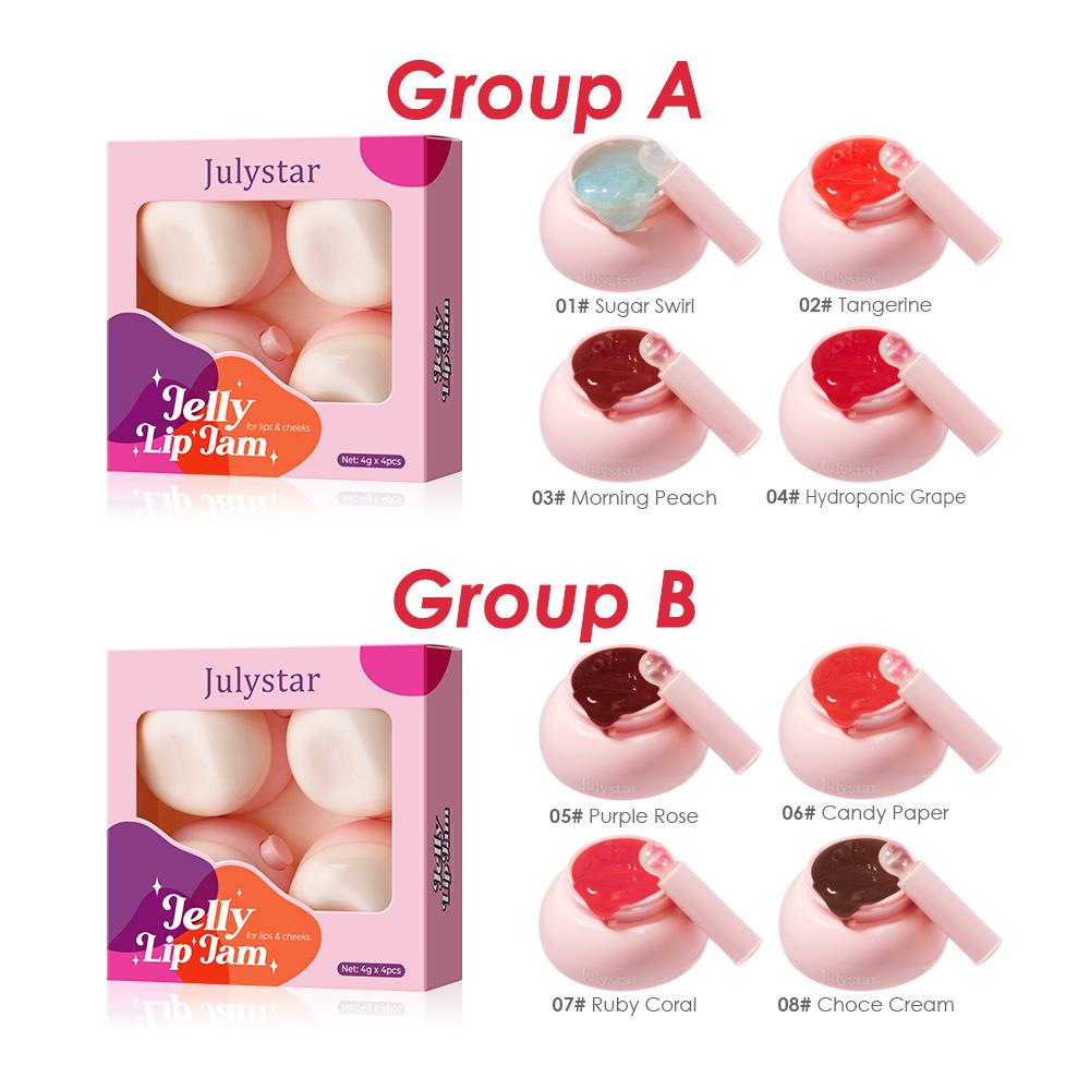 JULYSTAR 4pcs Jelly Lip Tint Set, Moisturizing Solid Lip Gloss for Lips & Cheeks, Multi-Use Hydrating Plumping Lip Balm Tinted Cheek Blush Makeup Gift