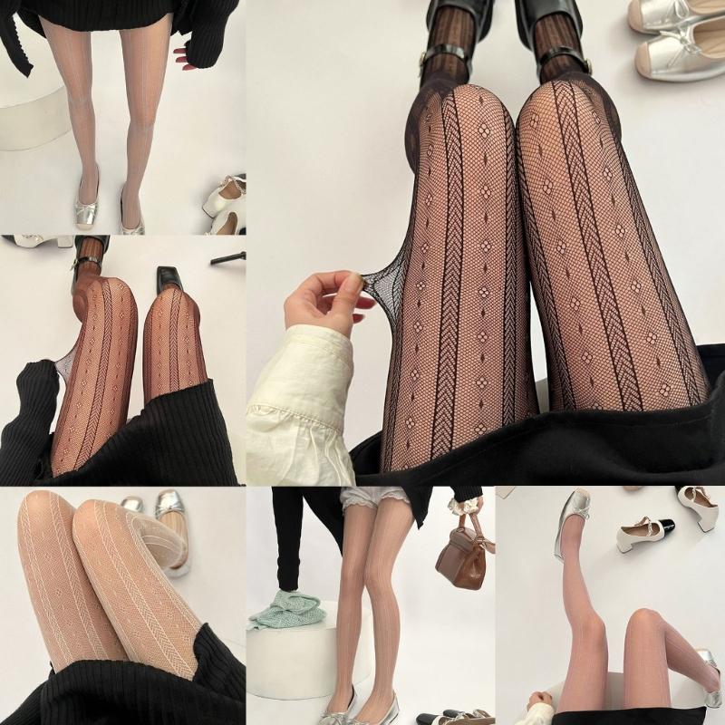 Women Vintage Striped Flower Patterned Fishnet Tights Stockings Japanese Style Colored Fine Mesh Thin Pantyhose Leggings