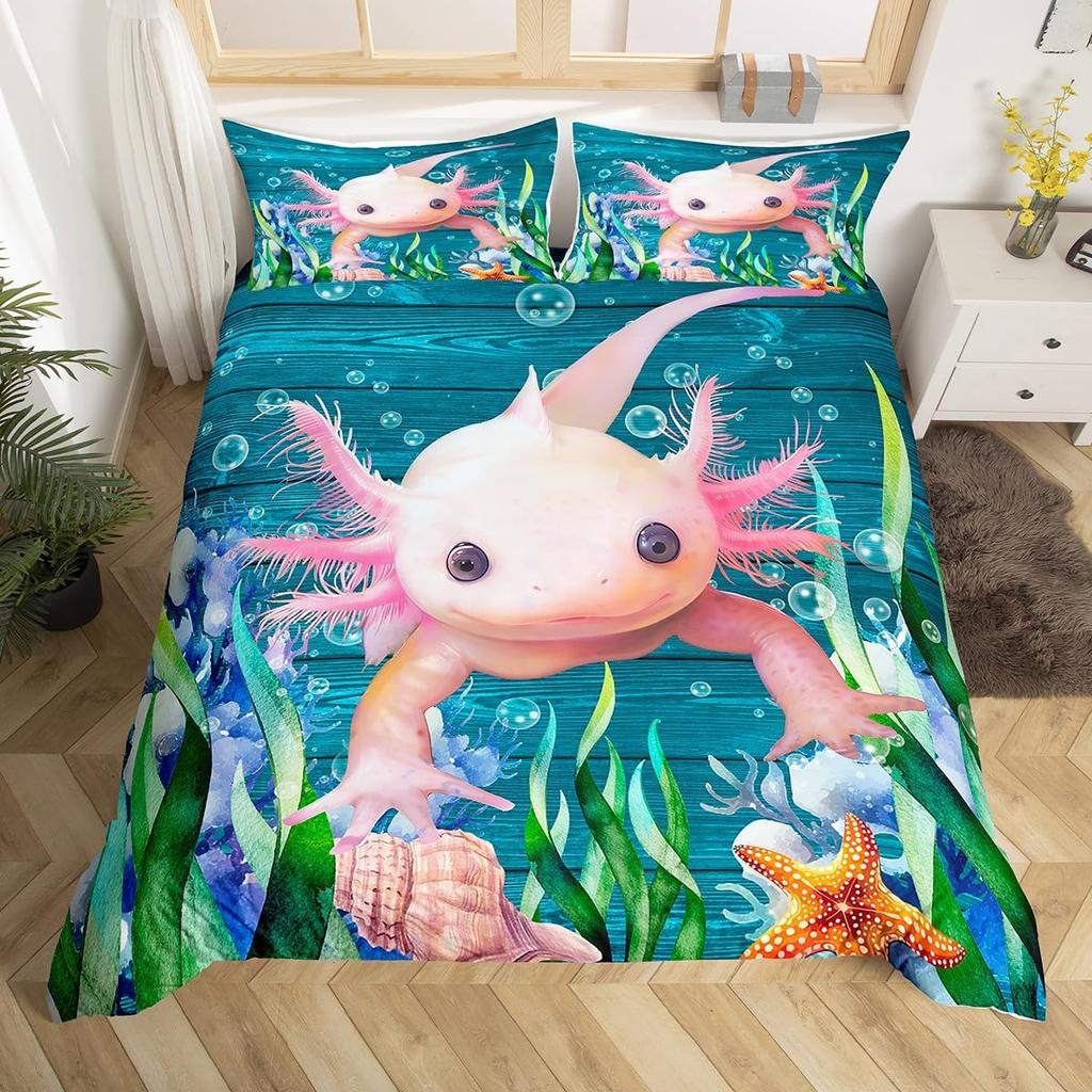 Cartoon Axolotl Duvet Cover Queen Twin Size Salamander Bedding Set for Kids Boys Girls Kawaii Sealife Creature Comforter Cover