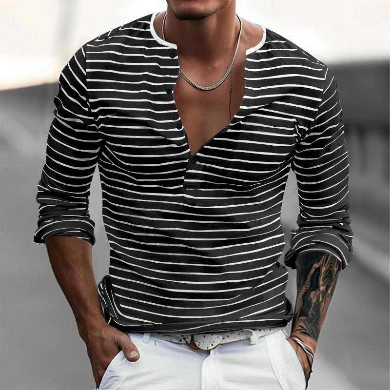 Herren gestreiftes Henley-Shirt Langarm Freizeit Knopfleiste V-Ausschnitt T-Shirt